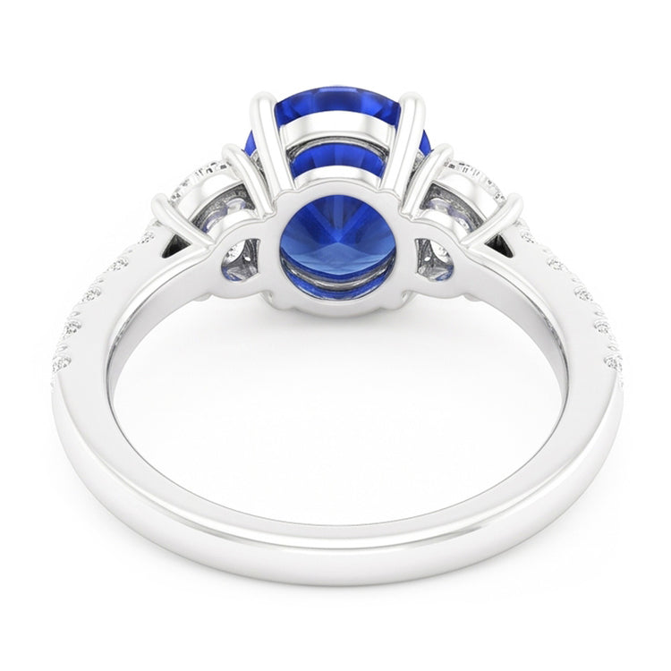 Bague Style 3 Pierres Saphir Bleu Ovale 6.75 Carats Or Blanc Véritable