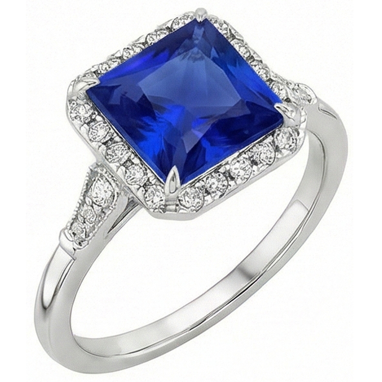 Bague Style Antique Halo Diamant Naturels Extraits des Mines ( et non cultivés en laboratoire ) & Saphir Ceylan Or Blanc 6 Carats