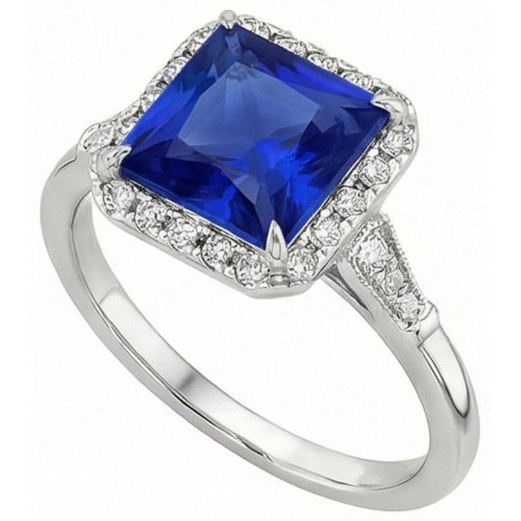 Bague Style Antique Halo Diamant Naturels Extraits des Mines ( et non cultivés en laboratoire ) & Saphir Ceylan Or Blanc 6 Carats