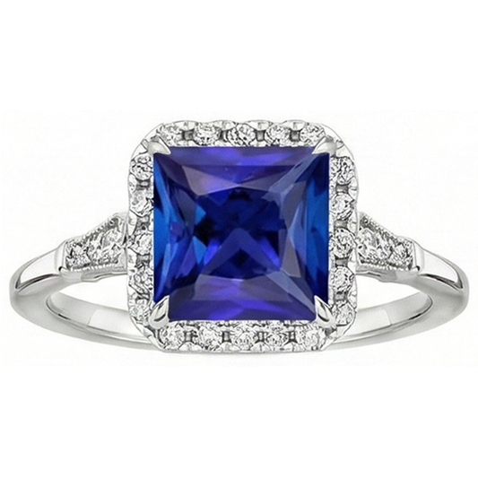 Bague Style Antique Halo Diamant Naturels Extraits des Mines ( et non cultivés en laboratoire ) & Saphir Ceylan Or Blanc 6 Carats