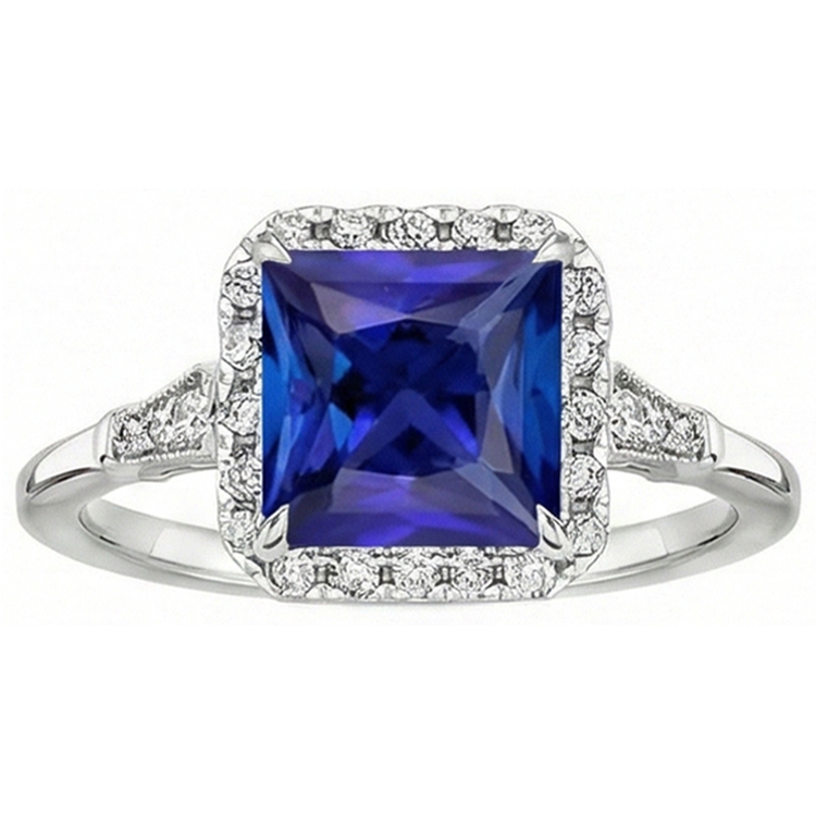 Bague Style Antique Halo Diamant Naturels Extraits des Mines ( et non cultivés en laboratoire ) & Saphir Ceylan Or Blanc 6 Carats