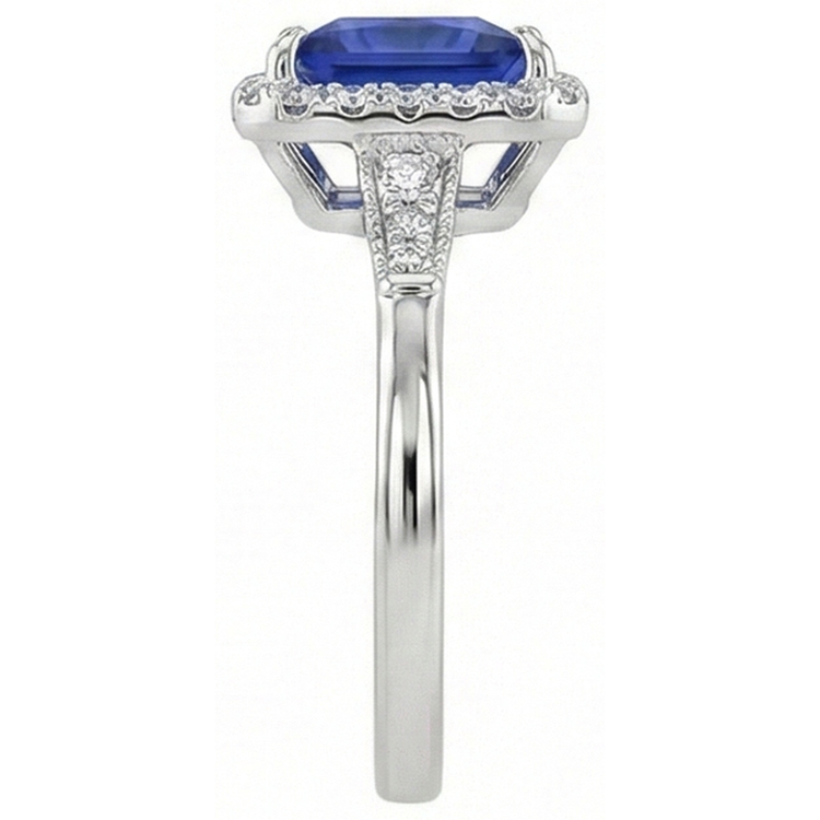 Bague Style Antique Halo Diamant Naturels Extraits des Mines ( et non cultivés en laboratoire ) & Saphir Ceylan Or Blanc 6 Carats