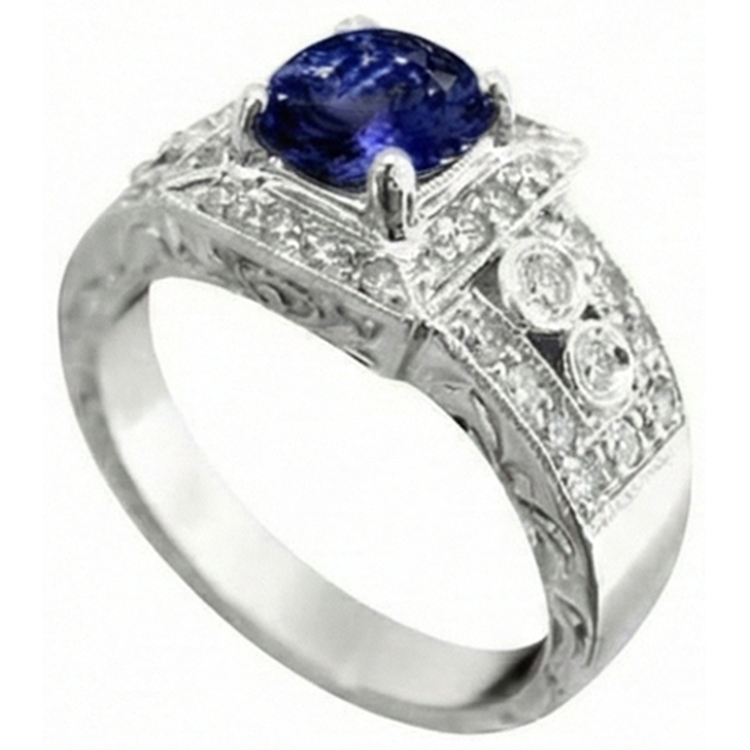 Bague Style Antique Tanzanite Et Diamants Naturels Extraits des Mines ( et non cultivés en laboratoire ) 2.75 Carats Bijoux De Mariage