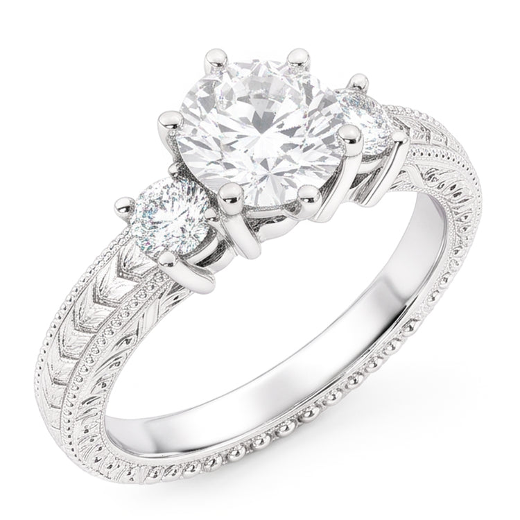 Bague Style Antique Trois Pierres 3.20 Carats Naturel Diamants Or Blanc 14K