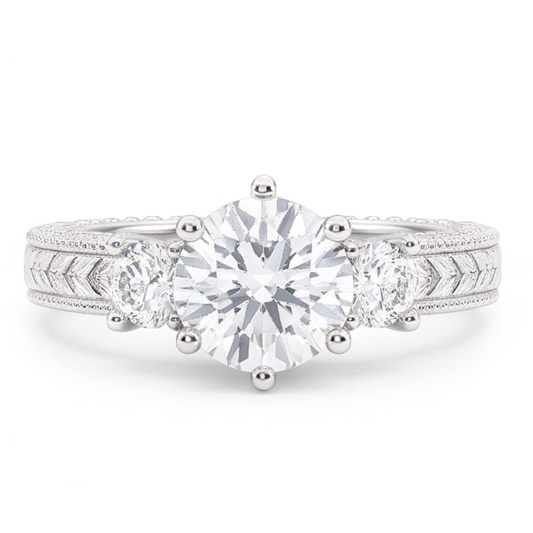 Bague Style Antique Trois Pierres 3.20 Carats Naturel Diamants Or Blanc 14K