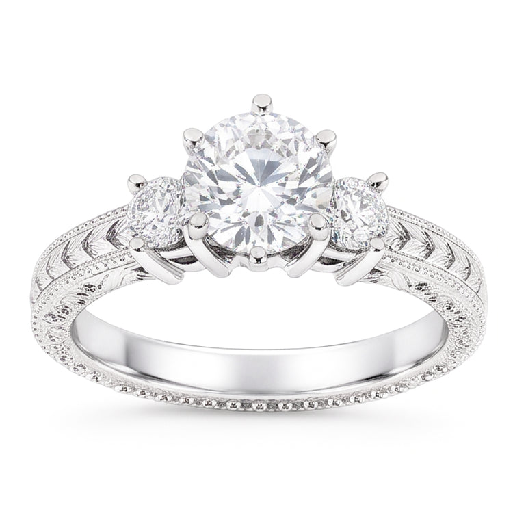 Bague Style Antique Trois Pierres 3.20 Carats Naturel Diamants Or Blanc 14K