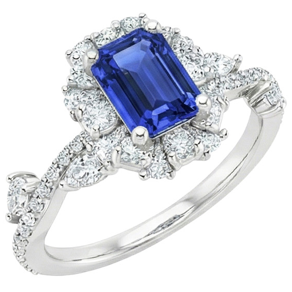 Bague Style Fleur Emeraude Saphir du Sri Lanka & Diamant Naturels Extraits des Mines ( et non cultivés en laboratoire ) 5 Carats