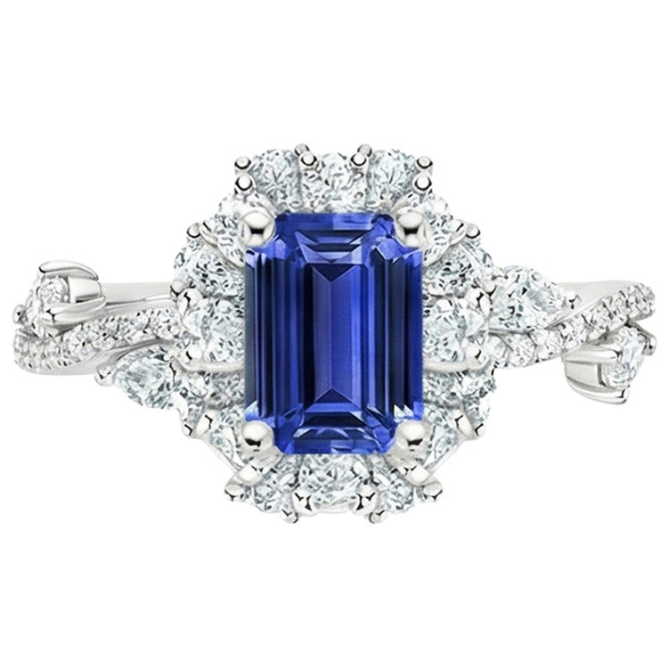 Bague Style Fleur Emeraude Saphir du Sri Lanka & Diamant Naturels Extraits des Mines ( et non cultivés en laboratoire ) 5 Carats