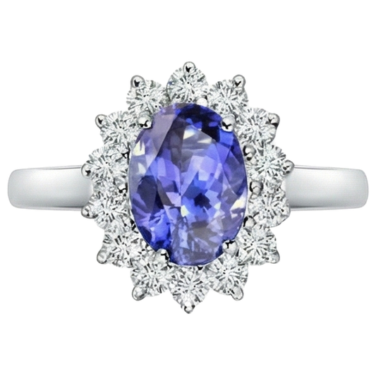 Bague Style Fleur Tanzanite Avec Diamants 6.50 Carats Or Blanc 14K