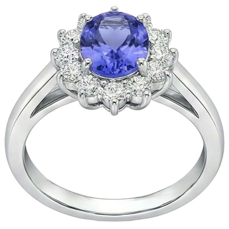 Bague Style Fleur Tanzanite Avec Diamants 6.50 Carats Or Blanc 14K