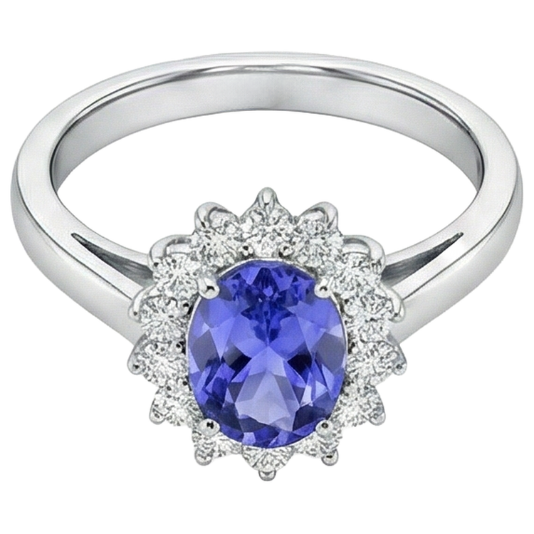 Bague Style Fleur Tanzanite Avec Diamants 6.50 Carats Or Blanc 14K