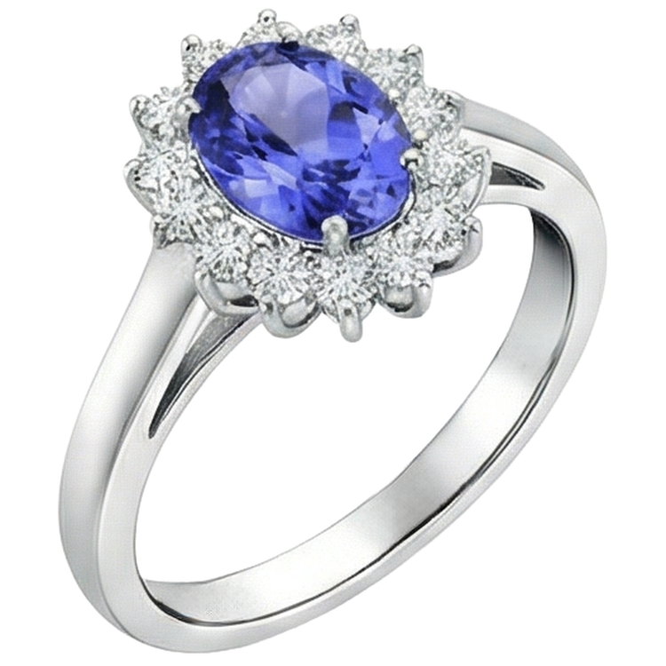 Bague Style Fleur Tanzanite Avec Diamants 6.50 Carats Or Blanc 14K