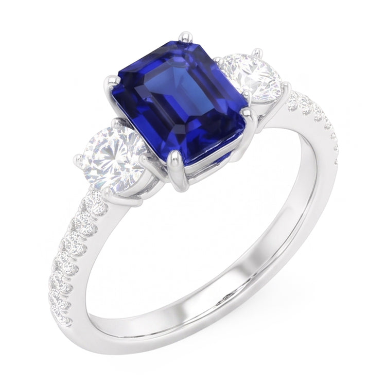 Bague Style Saphir Bleu Émeraude 3 Pierres Avec Accents Or 7 Ct 14K