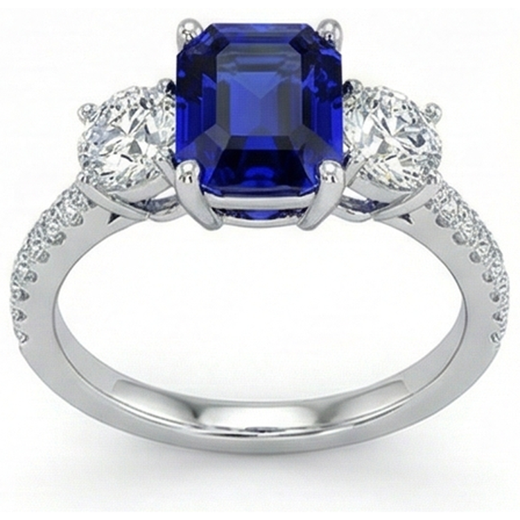 Bague Style Saphir Bleu Émeraude 3 Pierres Avec Accents Or 7 Ct 14K