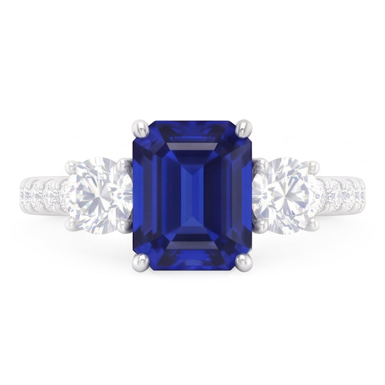 Bague Style Saphir Bleu Émeraude 3 Pierres Avec Accents Or 7 Ct 14K
