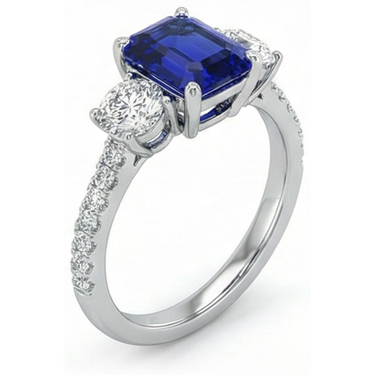 Bague Style Saphir Bleu Émeraude 3 Pierres Avec Accents Or 7 Ct 14K