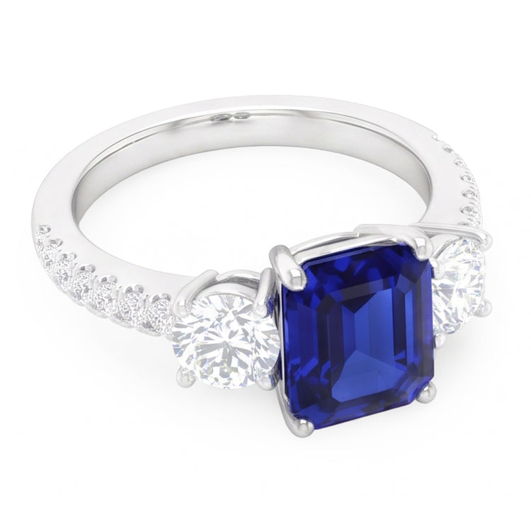 Bague Style Saphir Bleu Émeraude 3 Pierres Avec Accents Or 7 Ct 14K
