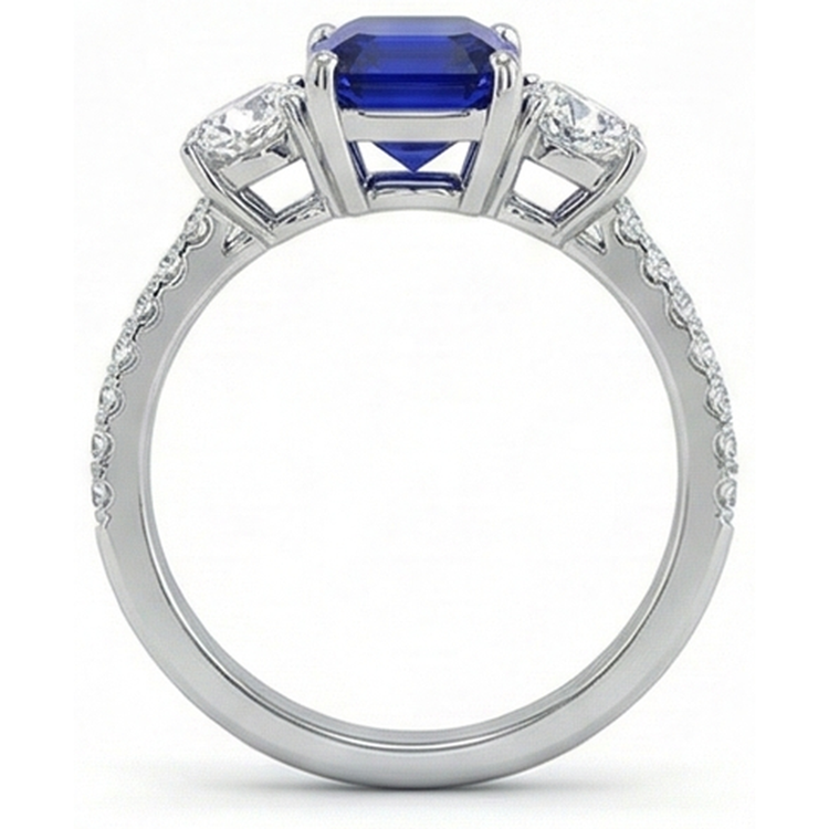 Bague Style Saphir Bleu Émeraude 3 Pierres Avec Accents Or 7 Ct 14K