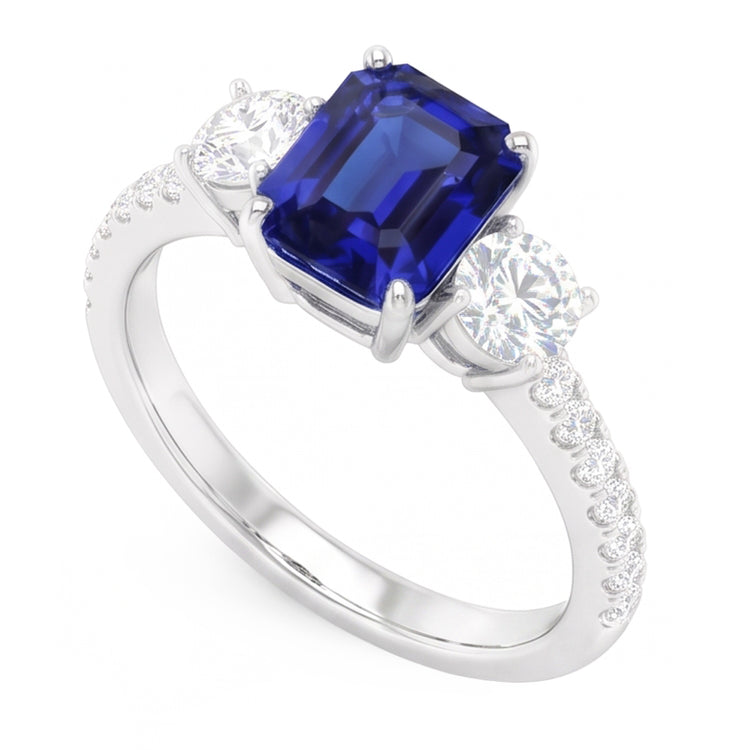 Bague Style Saphir Bleu Émeraude 3 Pierres Avec Accents Or 7 Ct 14K