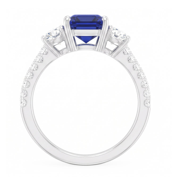 Bague Style Saphir Bleu Émeraude 3 Pierres Avec Accents Or 7 Ct 14K