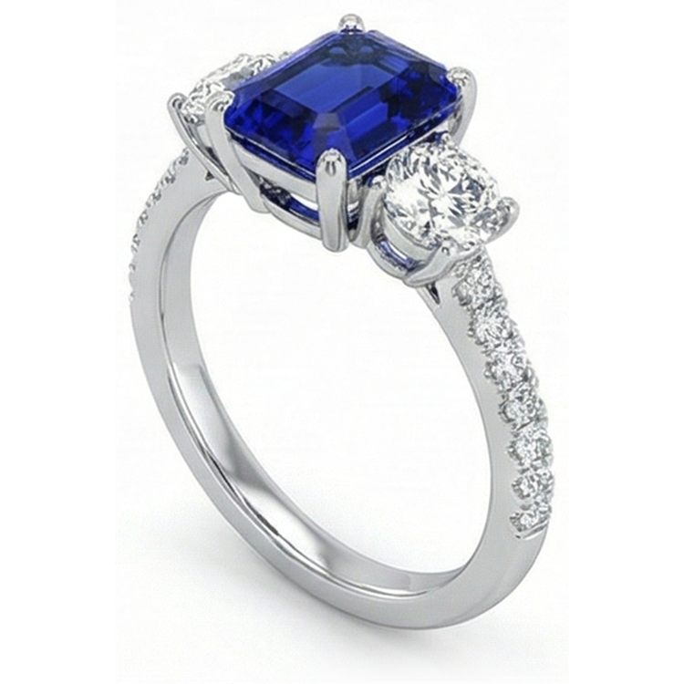 Bague Style Saphir Bleu Émeraude 3 Pierres Avec Accents Or 7 Ct 14K