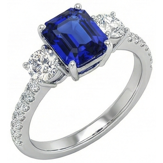 Bague Style Saphir Bleu Émeraude 3 Pierres Avec Accents Or 7 Ct 14K
