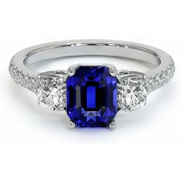 Bague Style Saphir Bleu Émeraude 3 Pierres Avec Accents Or 7 Ct 14K