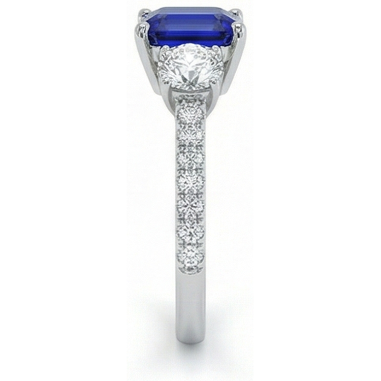 Bague Style Saphir Bleu Émeraude 3 Pierres Avec Accents Or 7 Ct 14K