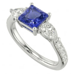 Bague Taille Radiant Saphir Bleu Poire & Diamants Ronds 3 Carats