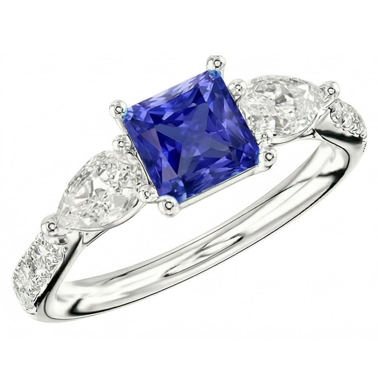 Bague Taille Radiant Saphir Bleu Poire & Diamants Ronds 3 Carats