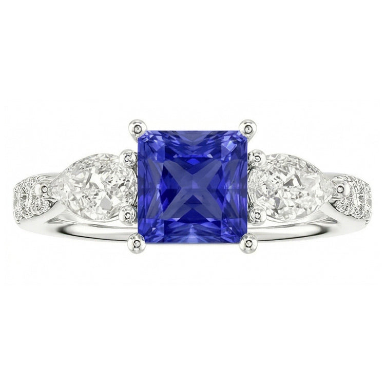Bague Taille Radiant Saphir Bleu Poire & Diamants Ronds 3 Carats