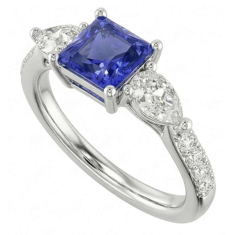 Bague Taille Radiant Saphir Bleu Poire & Diamants Ronds 3 Carats