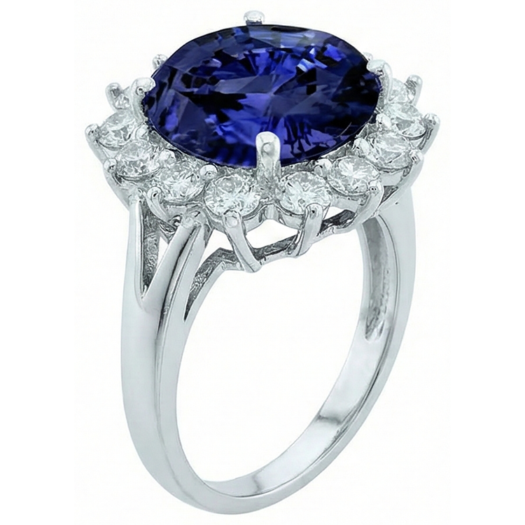 Bague Tanzanite 3.26 Carats Et Diamants Naturels Extraits des Mines ( et non cultivés en laboratoire ) Ronds Or Blanc 14K