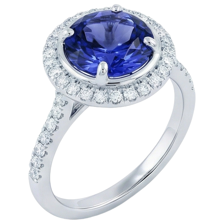 Bague Tanzanite 4.25 Carats Et Diamants Naturels Extraits des Mines ( et non cultivés en laboratoire ) Or Blanc 14K