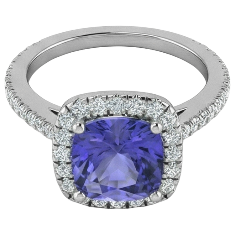 naturel cushion tanzanite 4.50carats bague détail rapproché