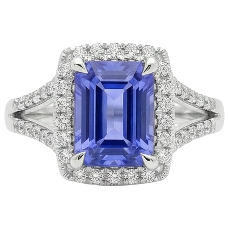 Bague Tanzanite Bleue 6.85 Ct Avec Diamants Or Blanc 14K