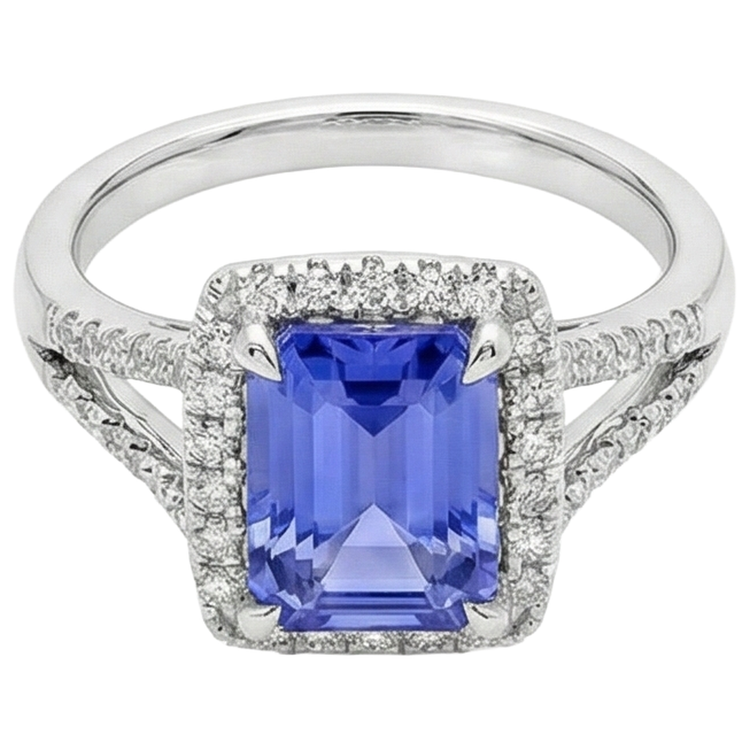 Bague Tanzanite Bleue 6.85 Ct Avec Diamants Or Blanc 14K