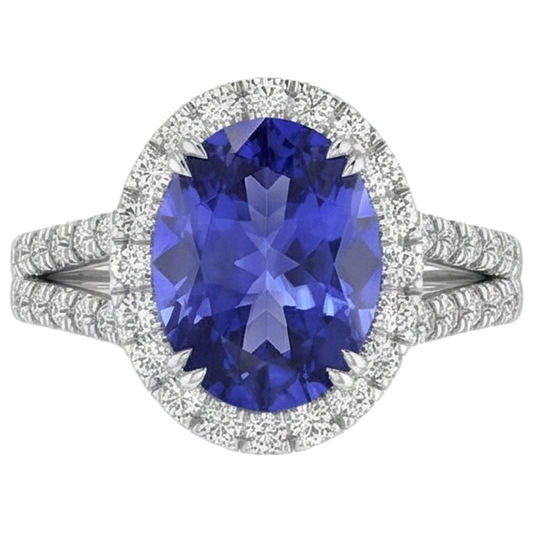 Bague Tanzanite Bleue Et Diamants 5.25 Ct Or Blanc 14K