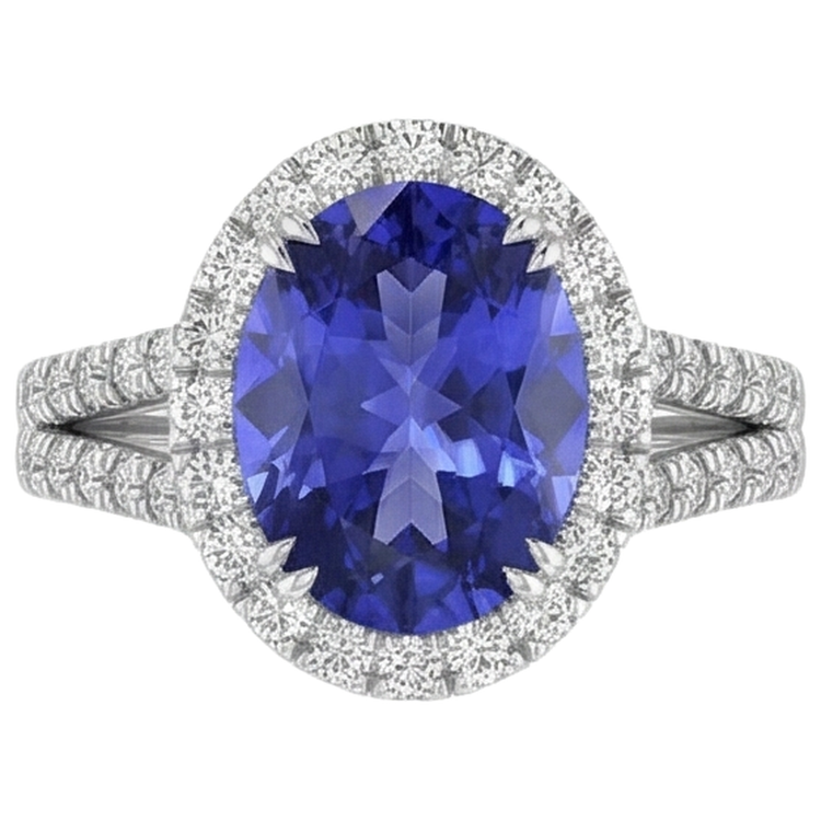 Bague Tanzanite Bleue Et Diamants 5.25 Ct Or Blanc 14K