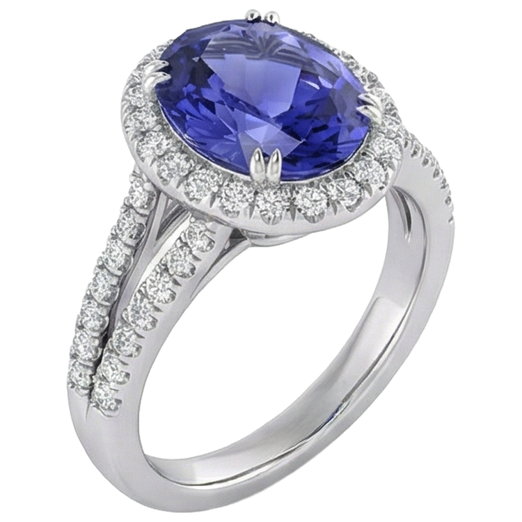 Bague Tanzanite Bleue Et Diamants 5.25 Ct Or Blanc 14K