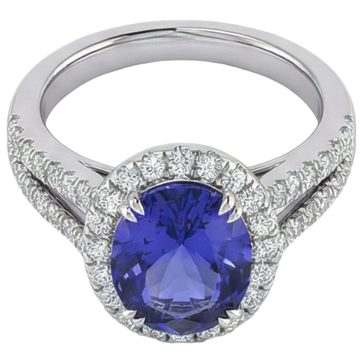Bague Tanzanite Bleue Et Diamants 5.25 Ct Or Blanc 14K