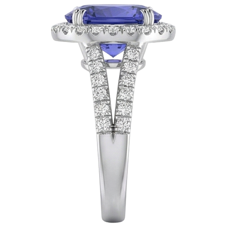 Bague Tanzanite Bleue Et Diamants 5.25 Ct Or Blanc 14K