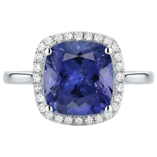 Bague Tanzanite Coussin 15.25 Ct Avec Diamants Or 14K
