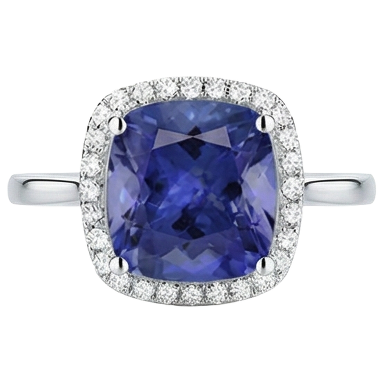 Bague Tanzanite Coussin 15.25 Ct Avec Diamants Or 14K