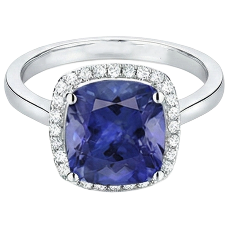 Bague Tanzanite Coussin 15.25 Ct Avec Diamants Or 14K