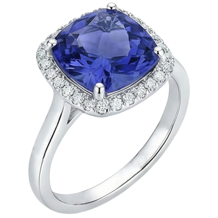 Bague Tanzanite Coussin 15.25 Ct Avec Diamants Or 14K