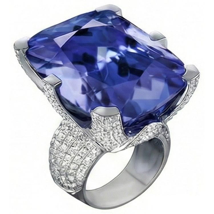 Bague Tanzanite Coussin & Diamants Naturels Extraits des Mines ( et non cultivés en laboratoire ) Ronds Or 8.50 Carat Neuf