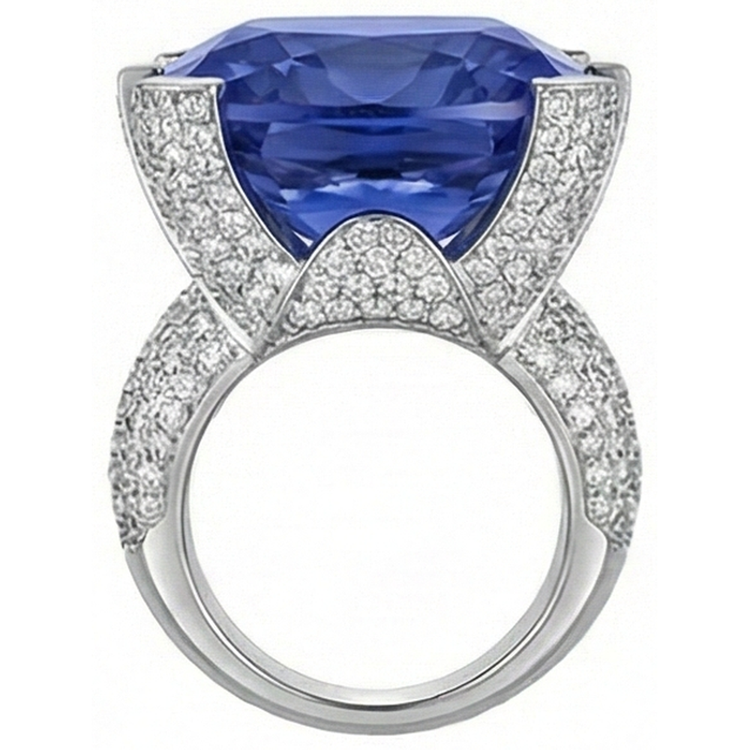 Bague Tanzanite Coussin & Diamants Naturels Extraits des Mines ( et non cultivés en laboratoire ) Ronds Or 8.50 Carat Neuf