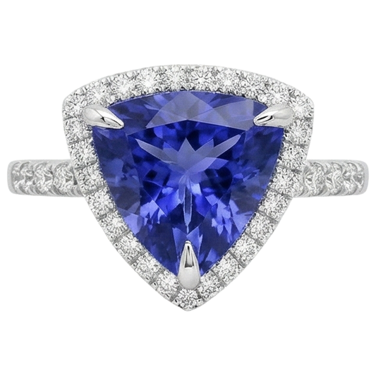 Bague Tanzanite De Forme Trillion 9 Carats Avec Diamants Ronds Or Blanc