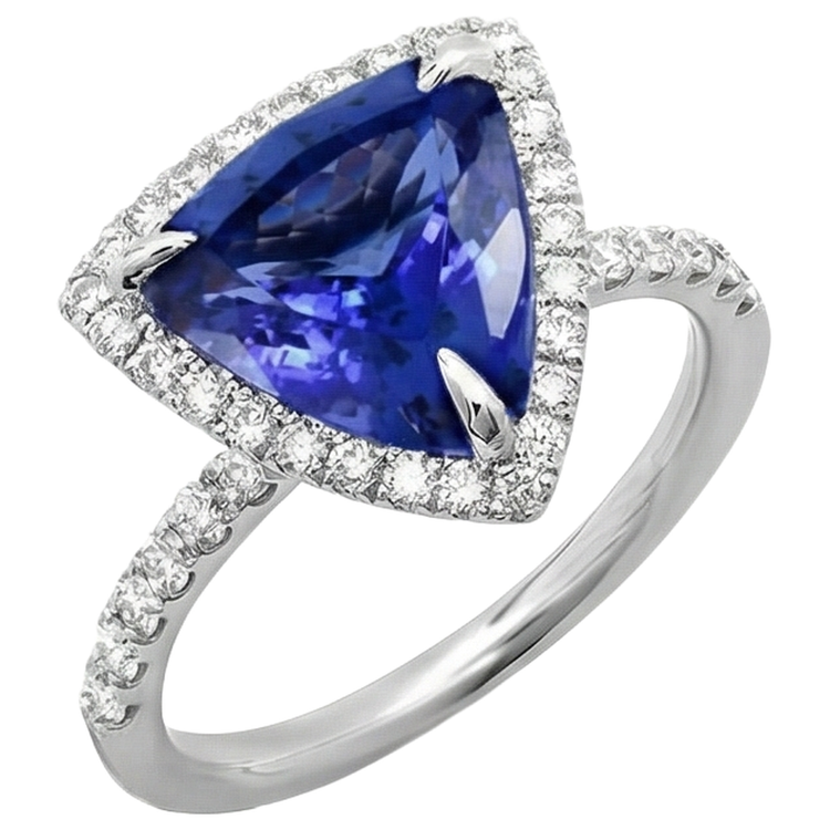 Bague Tanzanite De Forme Trillion 9 Carats Avec Diamants Ronds Or Blanc